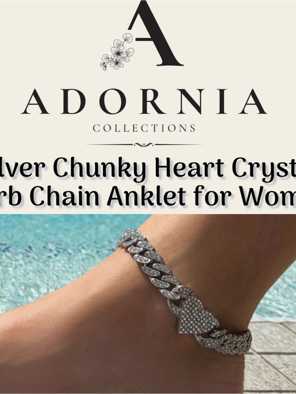 Adornia - Silver CZ Chunky Heart Curb Crystal Chain Anklet (Women - NWT)